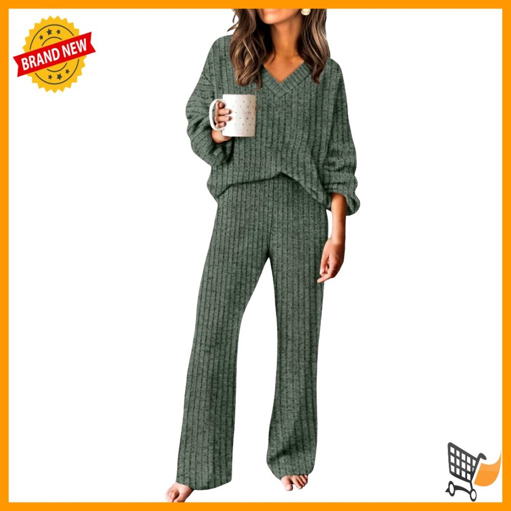 Matching Lounge Set Soft V-Neck Sweater Wide Leg Pants Comfort Travel Outfit